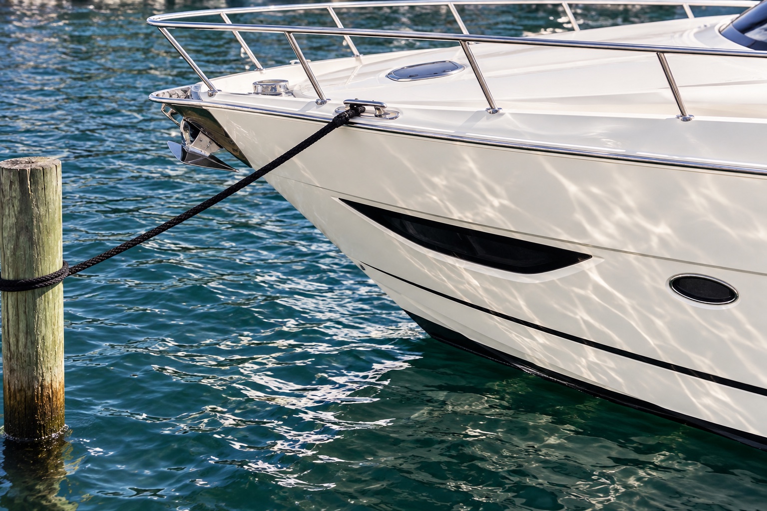 Yacht bow and blue-water reflections